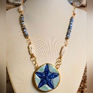 Santorini Inspired Blue Opal, Pearls & Handpainted Starfish Pendant  Necklace